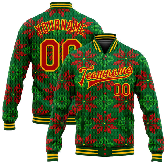 Custom Green Red-Gold Christmas 3D Bomber Full-Snap Varsity Letterman Jacket - Main View