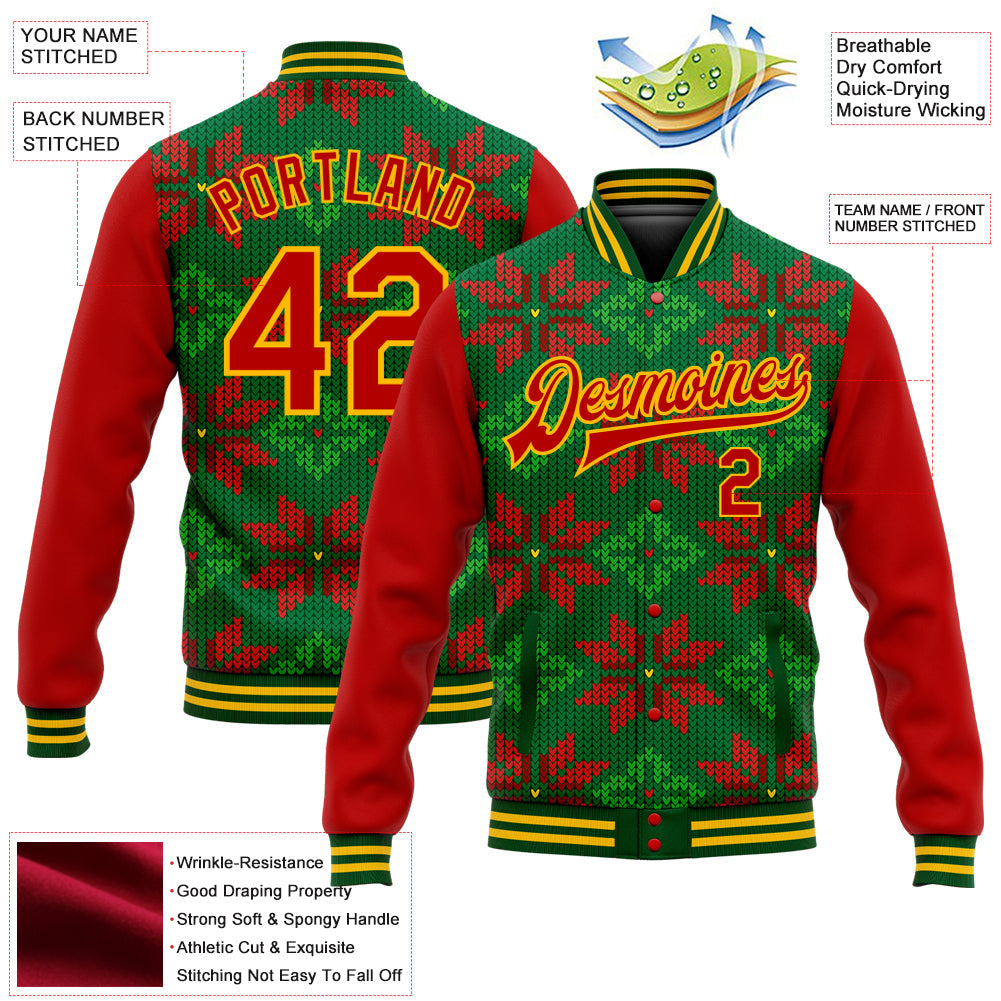 Custom Green Red-Gold Christmas 3D Bomber Full-Snap Varsity Letterman Jacket view 5