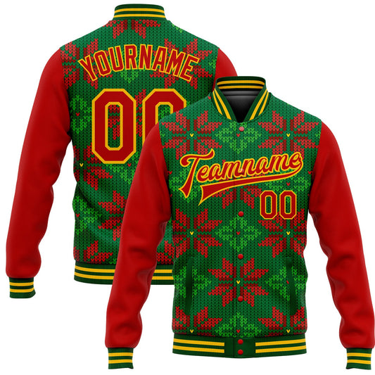 Custom Green Red-Gold Christmas 3D Bomber Full-Snap Varsity Letterman Jacket - Main View