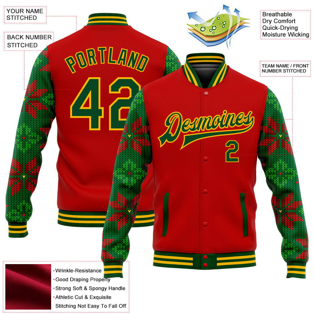 Custom Red Green-Gold Christmas 3D Bomber Full-Snap Varsity Letterman Jacket view 5