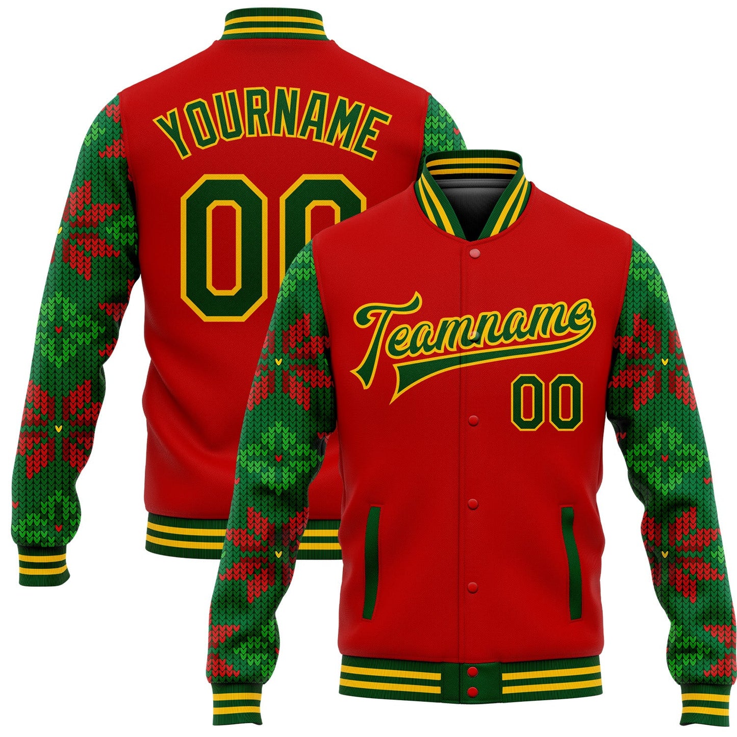 Custom Red Green-Gold Christmas 3D Bomber Full-Snap Varsity Letterman Jacket - Main View