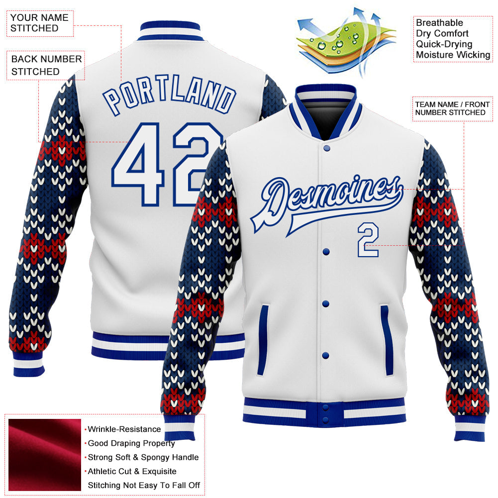 Custom White Royal-Navy Christmas 3D Bomber Full-Snap Varsity Letterman Jacket view 5