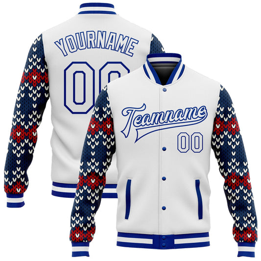 Custom White Royal-Navy Christmas 3D Bomber Full-Snap Varsity Letterman Jacket - Main View