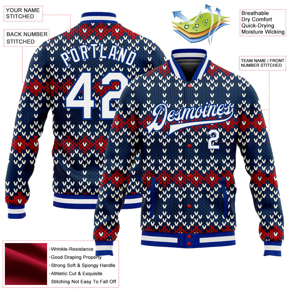 Custom Navy White-Royal Christmas 3D Bomber Full-Snap Varsity Letterman Jacket view 5