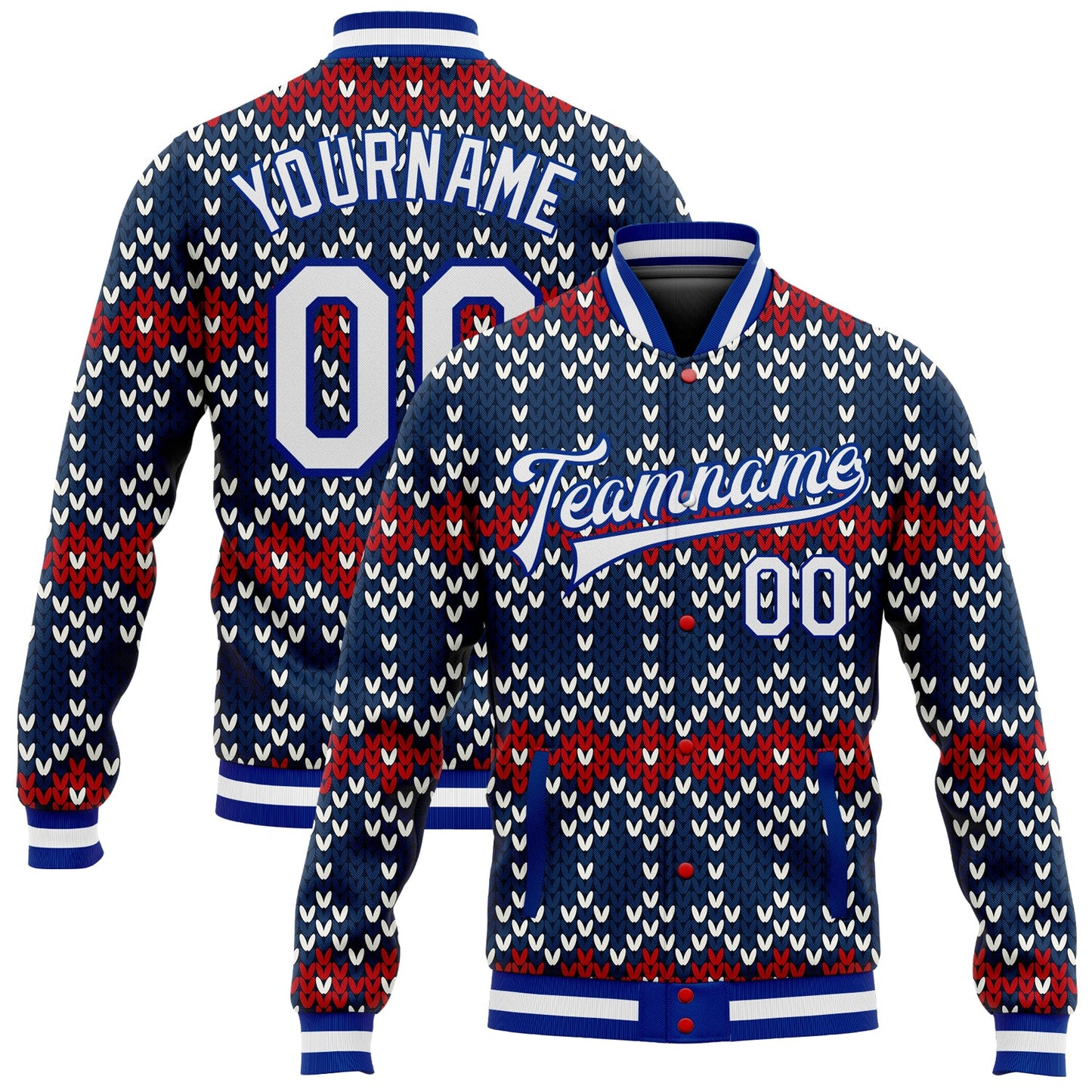 Custom Navy White-Royal Christmas 3D Bomber Full-Snap Varsity Letterman Jacket - Main View