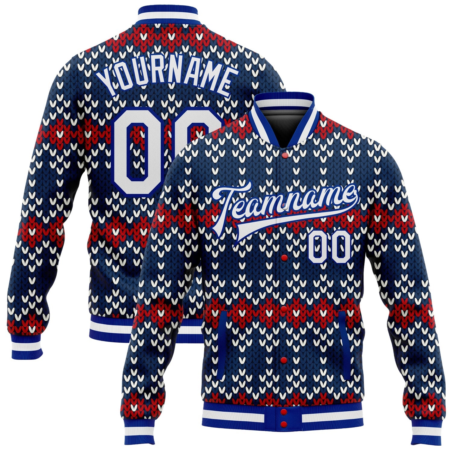 Custom Navy White-Royal Christmas 3D Bomber Full-Snap Varsity Letterman Jacket - Main View