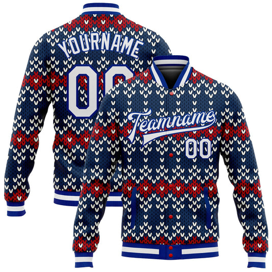 Custom Navy White-Royal Christmas 3D Bomber Full-Snap Varsity Letterman Jacket - Main View