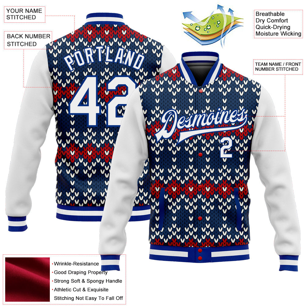 Custom Navy White-Royal Christmas 3D Bomber Full-Snap Varsity Letterman Jacket view 5