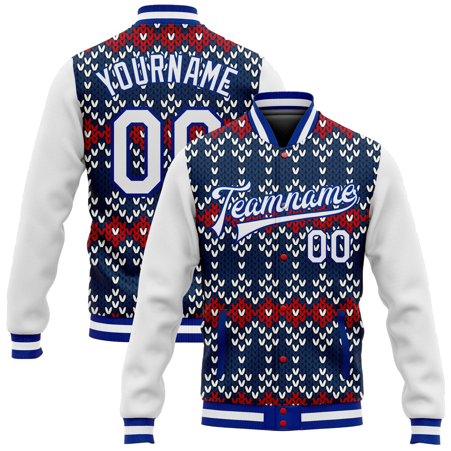 Custom Navy White-Royal Christmas 3D Bomber Full-Snap Varsity Letterman Jacket - Main View