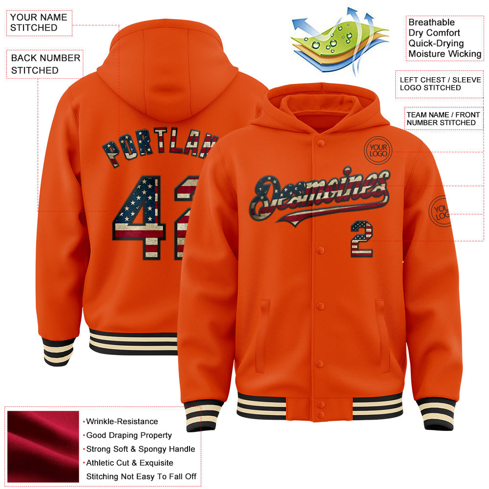 Custom Orange Vintage USA Flag Black-Cream Bomber Full-Snap Varsity Letterman Hoodie Jacket view 3