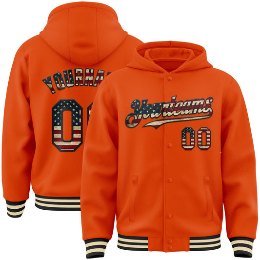 Custom Orange Vintage USA Flag Black-Cream Bomber Full-Snap Varsity Letterman Hoodie Jacket - Main View