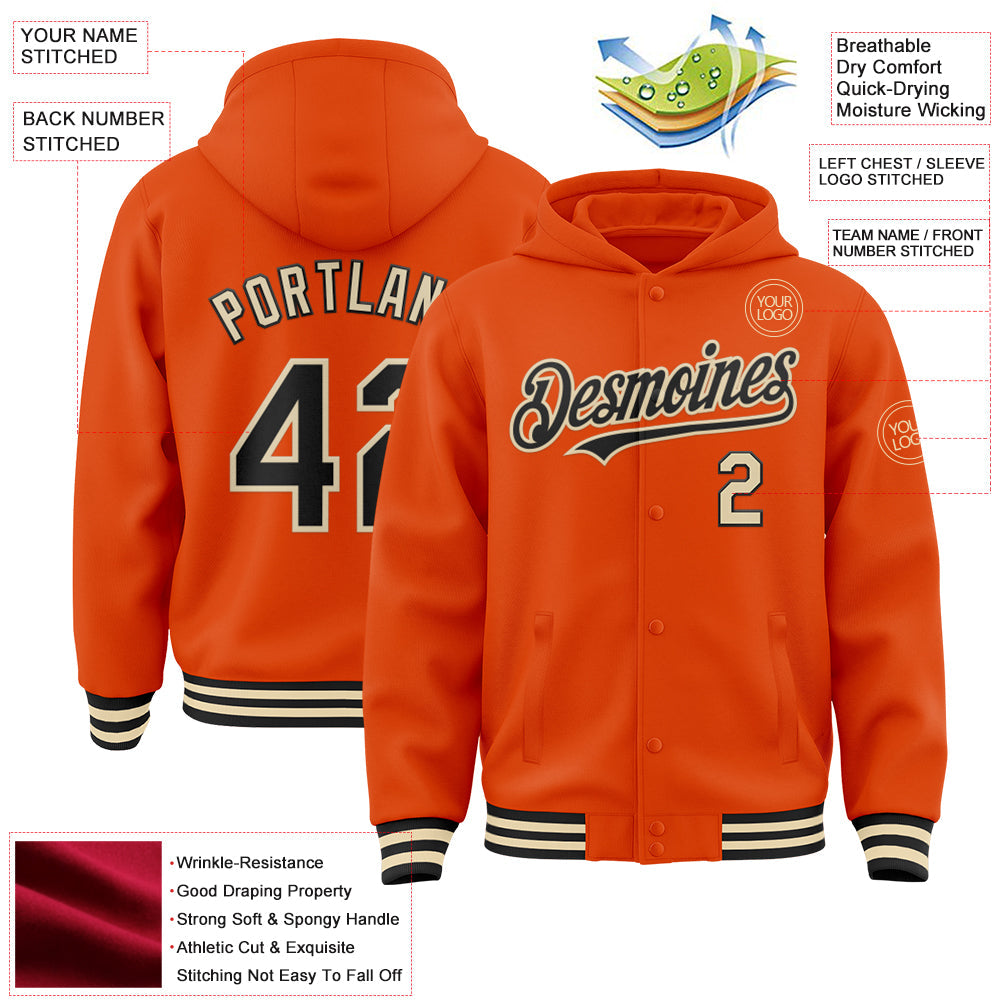 Custom Orange Black-Cream Bomber Full-Snap Varsity Letterman Hoodie Jacket view 3