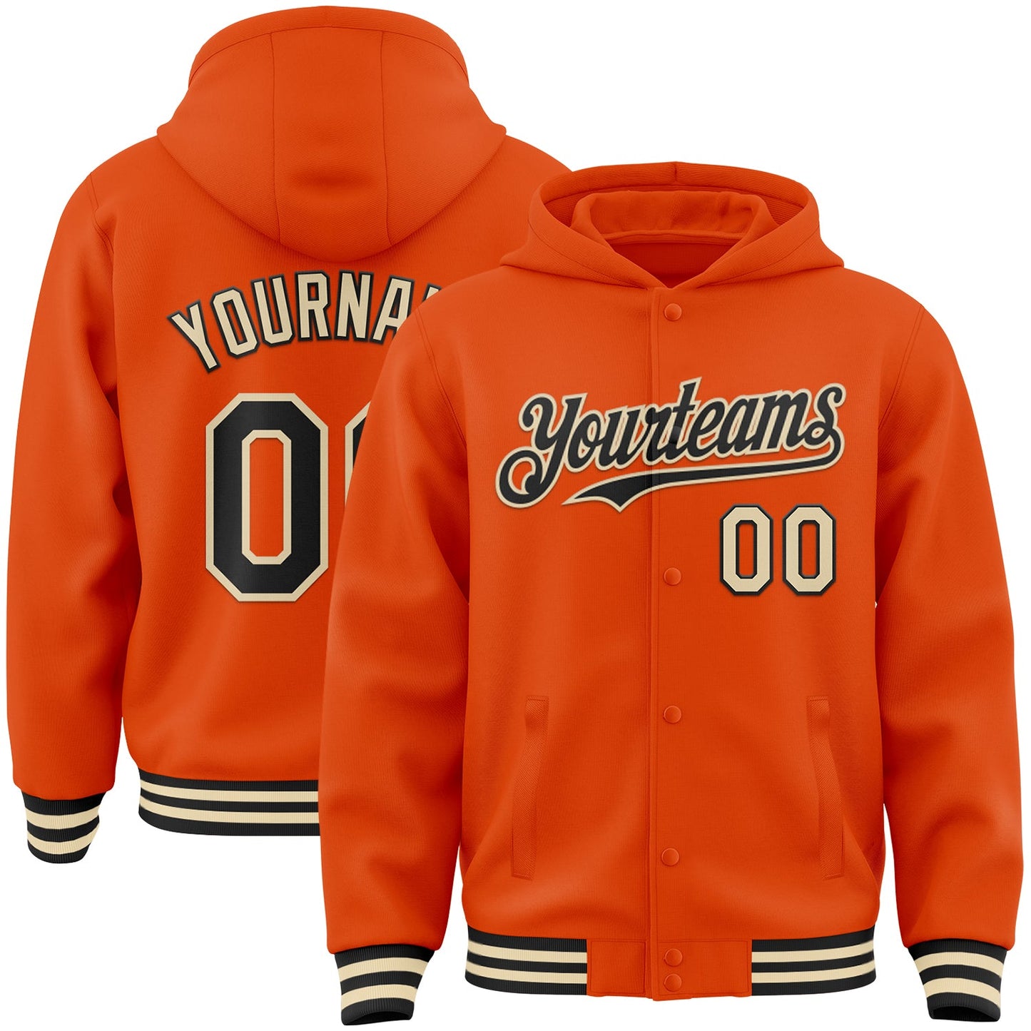 Custom Orange Black-Cream Bomber Full-Snap Varsity Letterman Hoodie Jacket - Main View