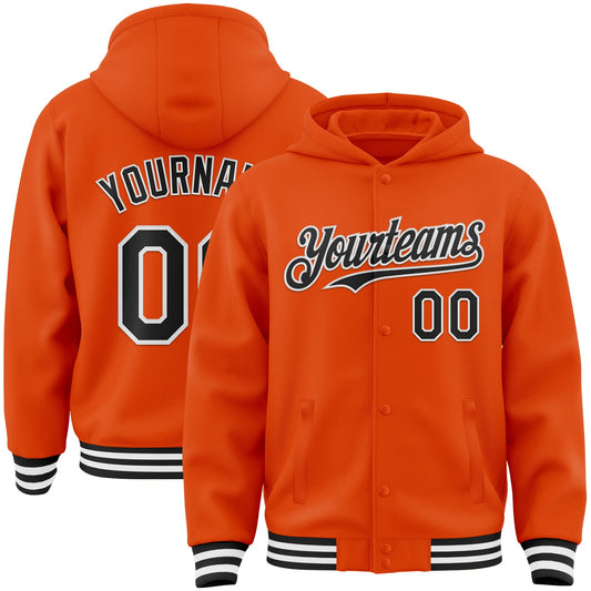 Custom Orange Black-White Bomber Full-Snap Varsity Letterman Hoodie Jacket - Main View