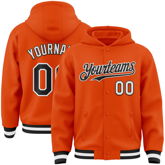 Custom Orange Black-White Bomber Full-Snap Varsity Letterman Hoodie Jacket - Main View