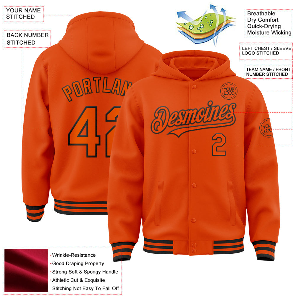 Custom Orange Black Bomber Full-Snap Varsity Letterman Hoodie Jacket view 3