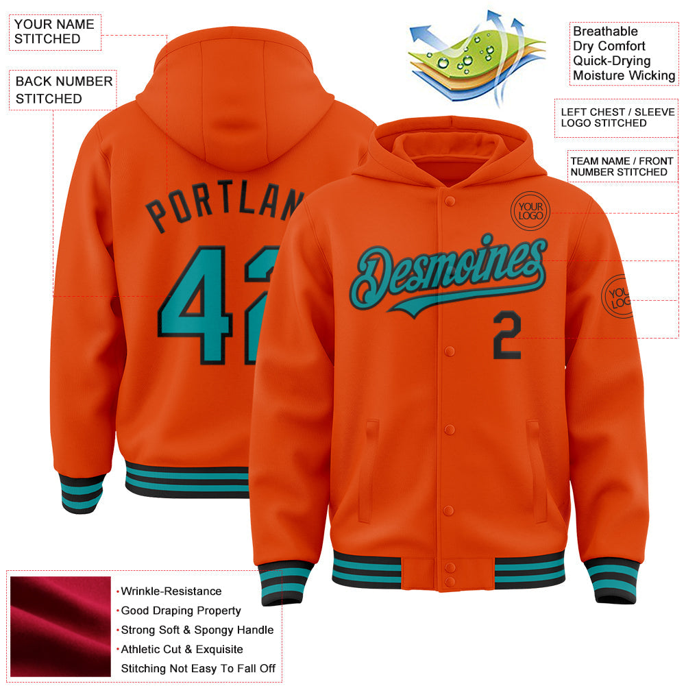 Custom Orange Teal-Black Bomber Full-Snap Varsity Letterman Hoodie Jacket view 3