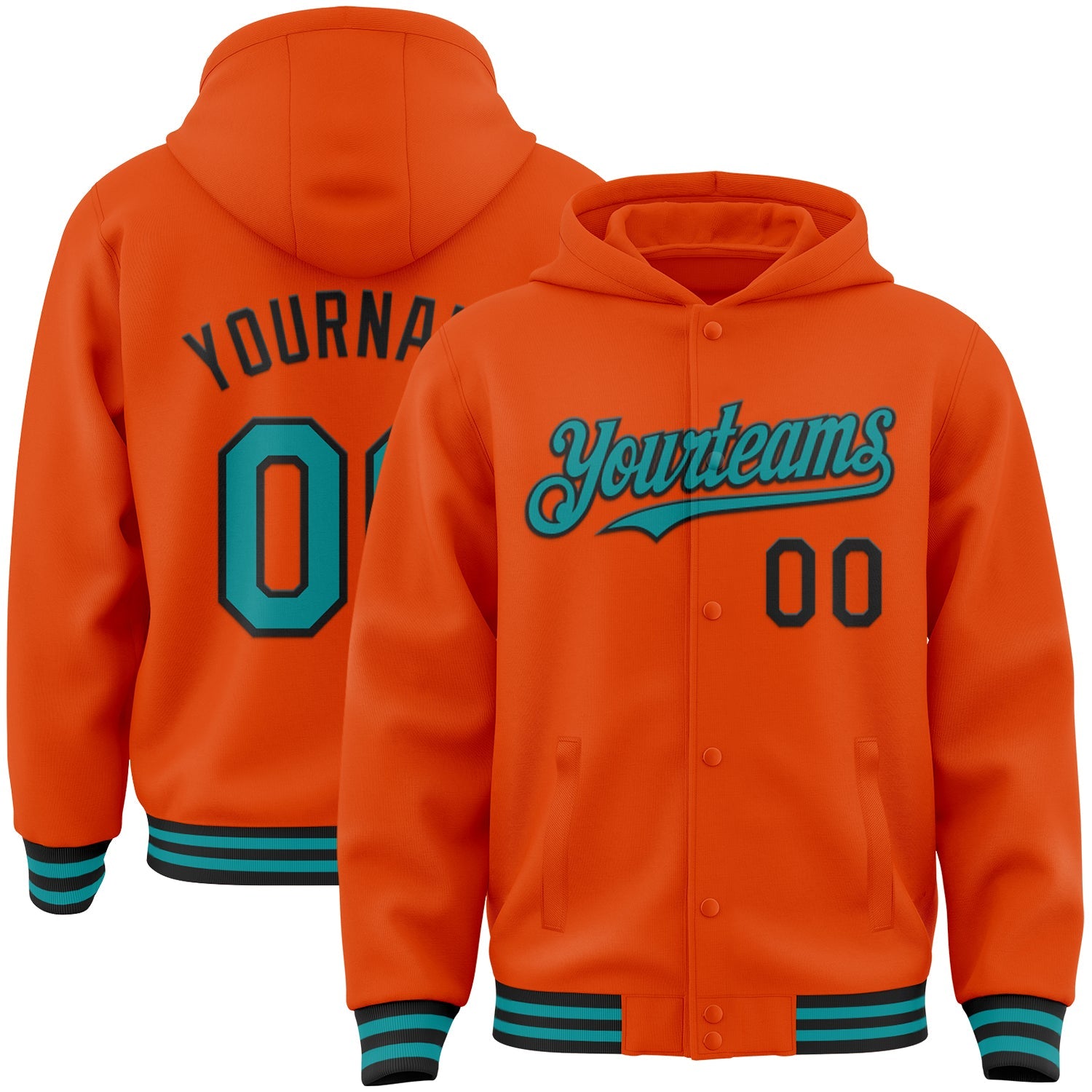 Custom Orange Teal-Black Bomber Full-Snap Varsity Letterman Hoodie Jacket - Main View