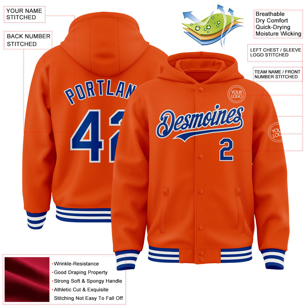 Custom Orange Royal-White Bomber Full-Snap Varsity Letterman Hoodie Jacket view 3