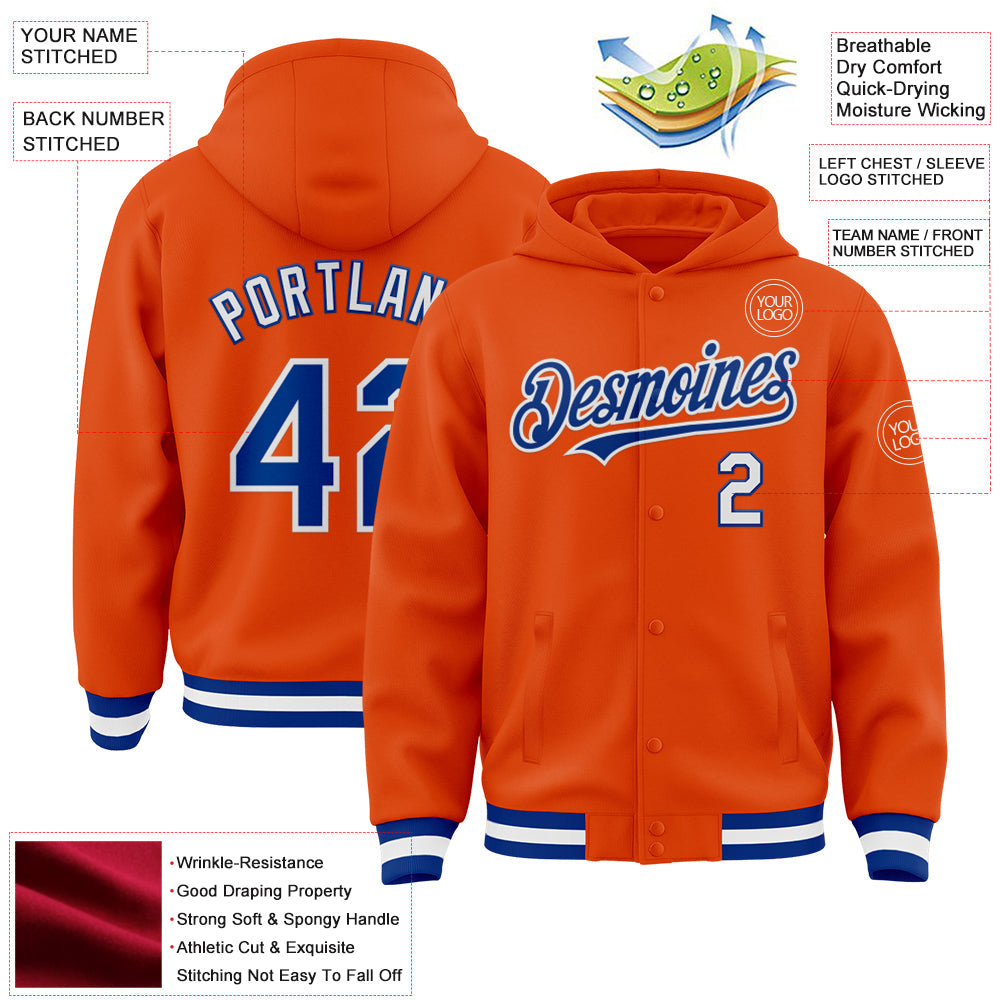 Custom Orange Royal-White Bomber Full-Snap Varsity Letterman Hoodie Jacket view 3