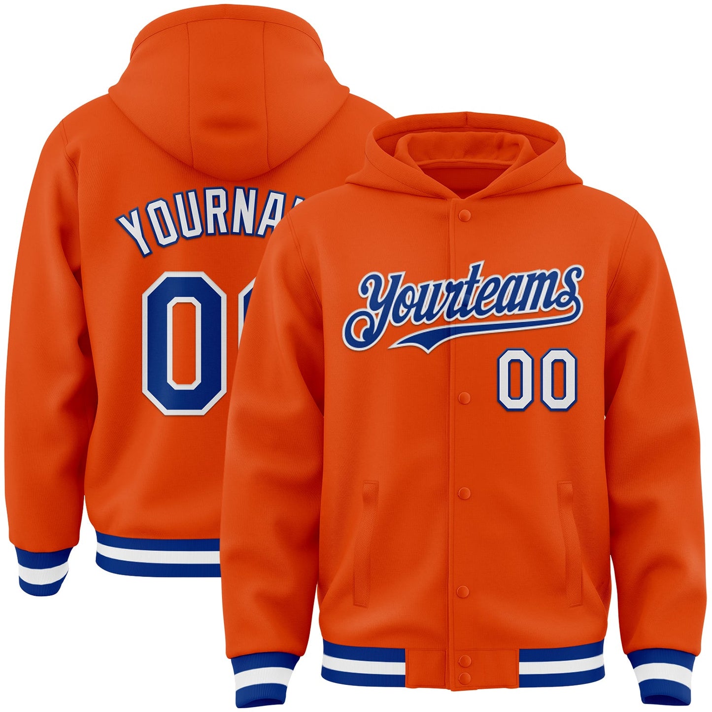 Custom Orange Royal-White Bomber Full-Snap Varsity Letterman Hoodie Jacket - Main View