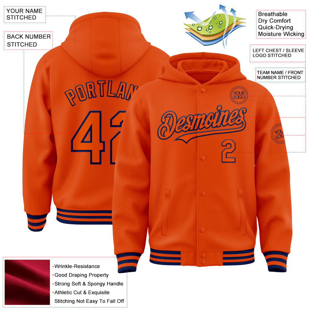 Custom Orange Navy Bomber Full-Snap Varsity Letterman Hoodie Jacket view 3