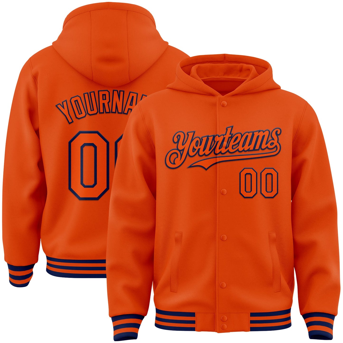 Custom Orange Navy Bomber Full-Snap Varsity Letterman Hoodie Jacket - Main View