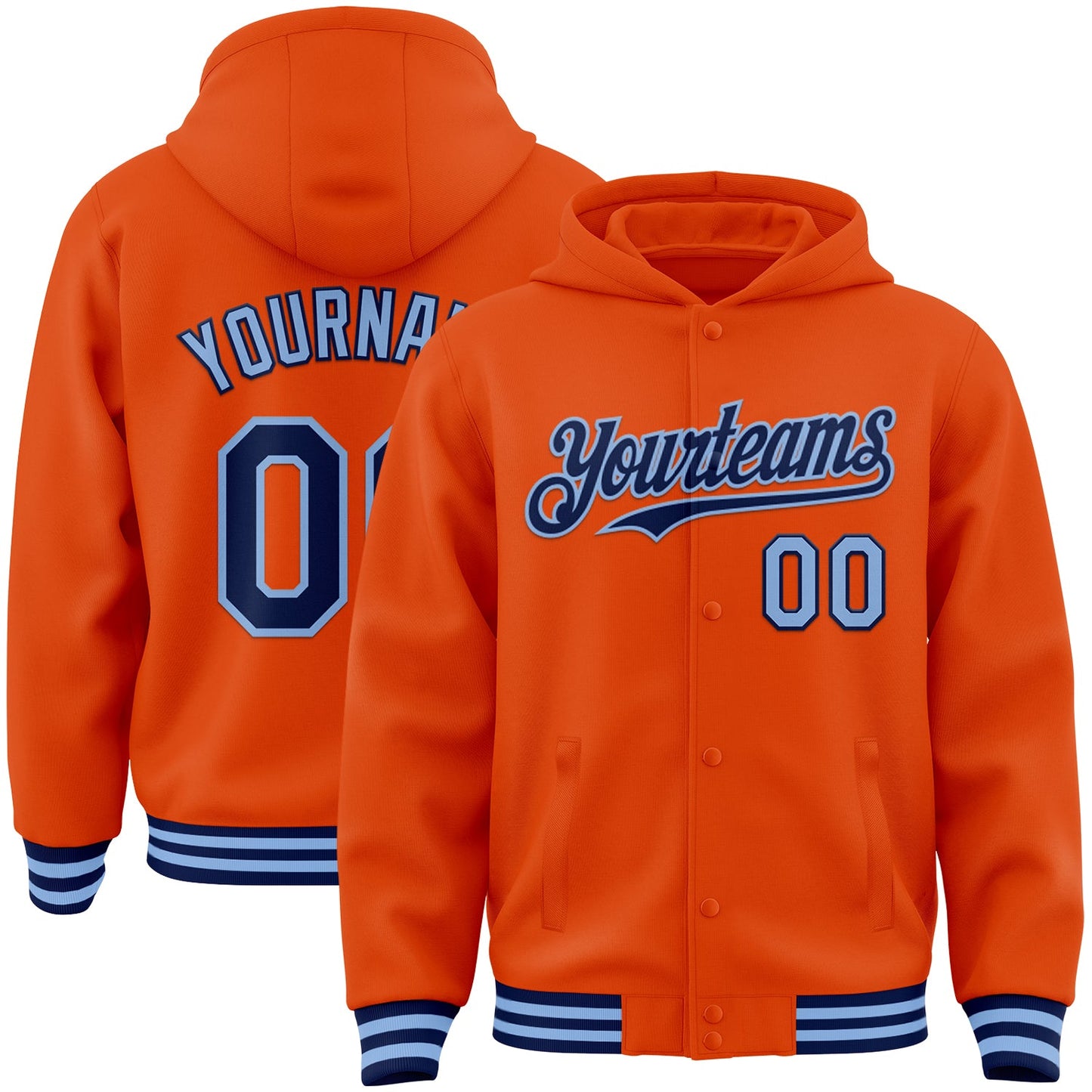 Custom Orange Navy-Light Blue Bomber Full-Snap Varsity Letterman Hoodie Jacket - Main View
