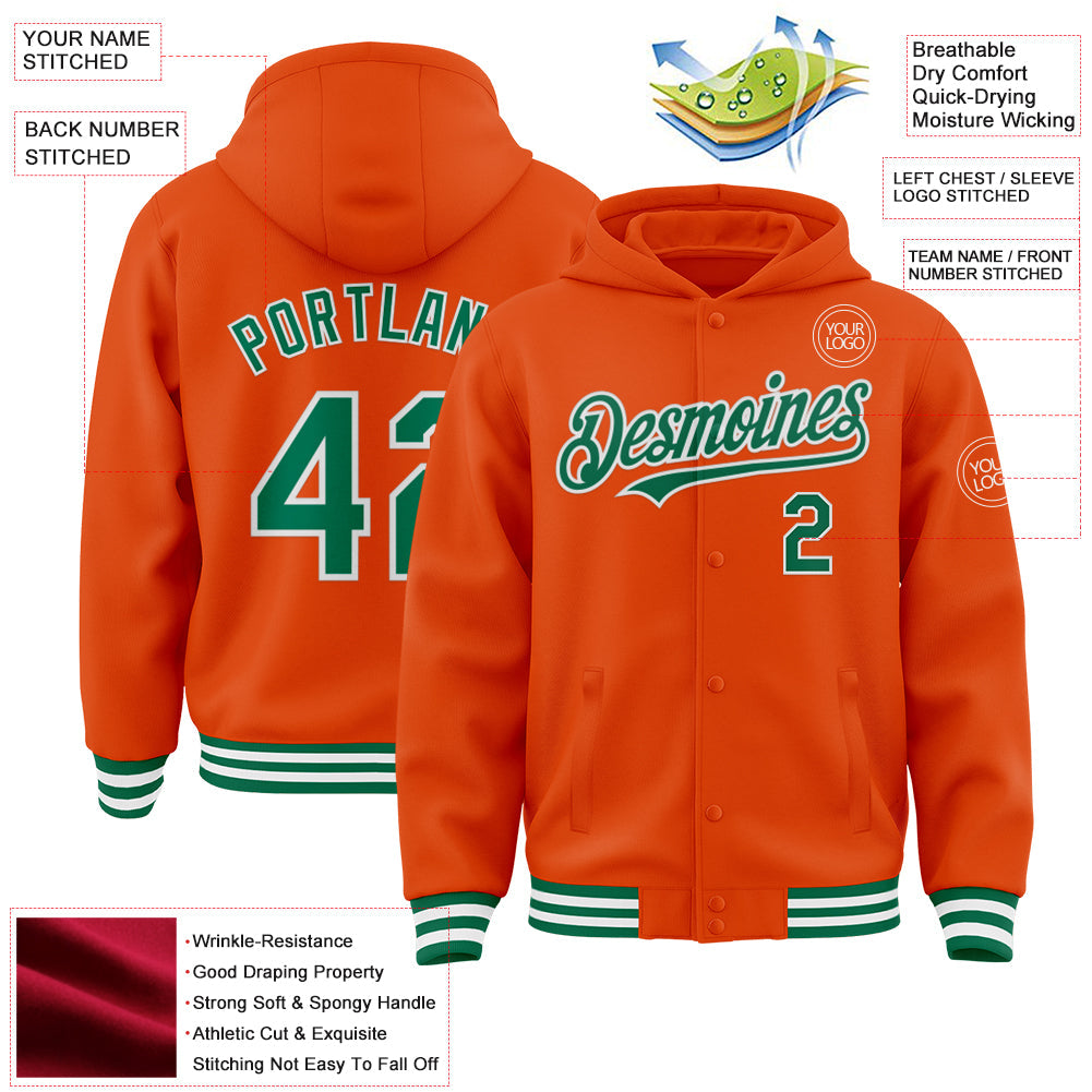 Custom Orange Kelly Green-White Bomber Full-Snap Varsity Letterman Hoodie Jacket view 3