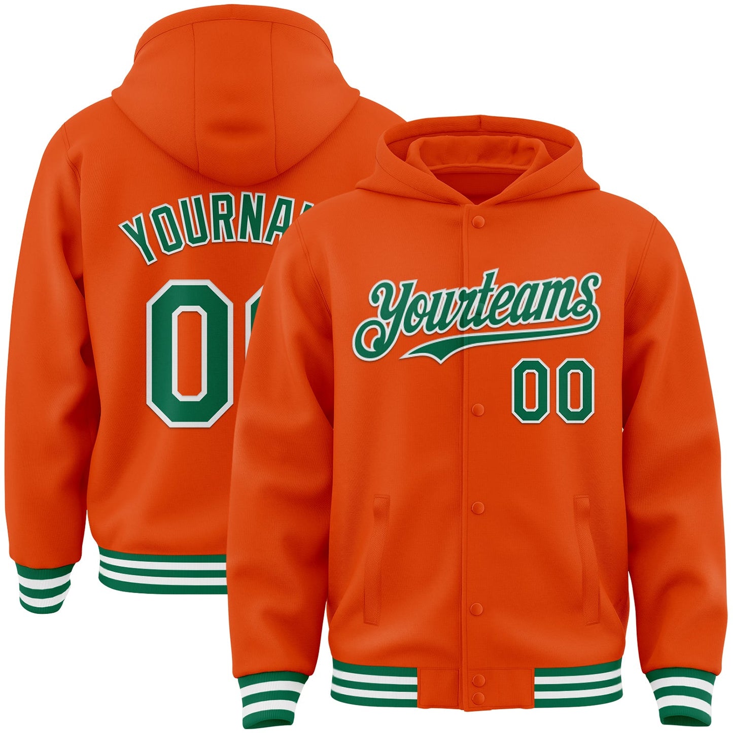 Custom Orange Kelly Green-White Bomber Full-Snap Varsity Letterman Hoodie Jacket - Main View