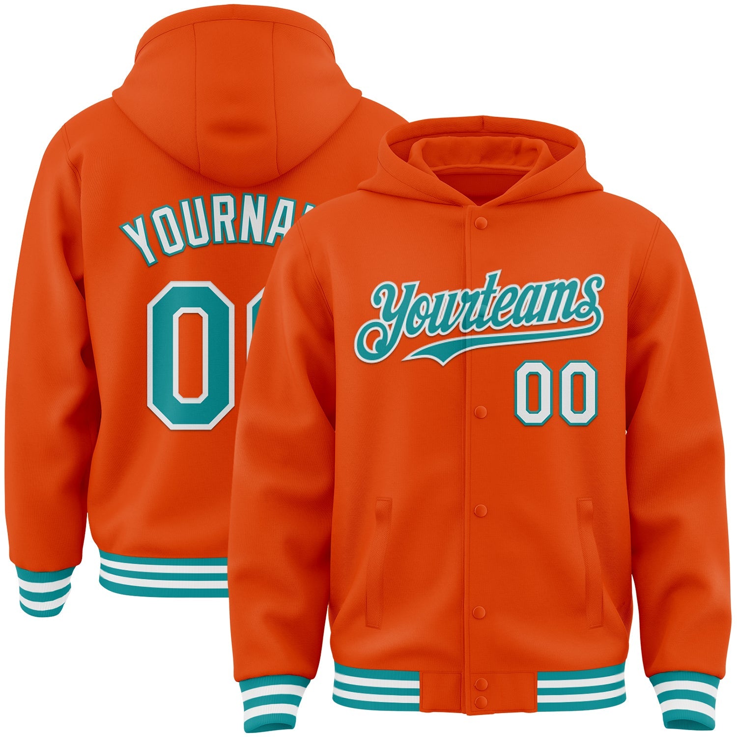 Custom Orange Teal-White Bomber Full-Snap Varsity Letterman Hoodie Jacket - Main View