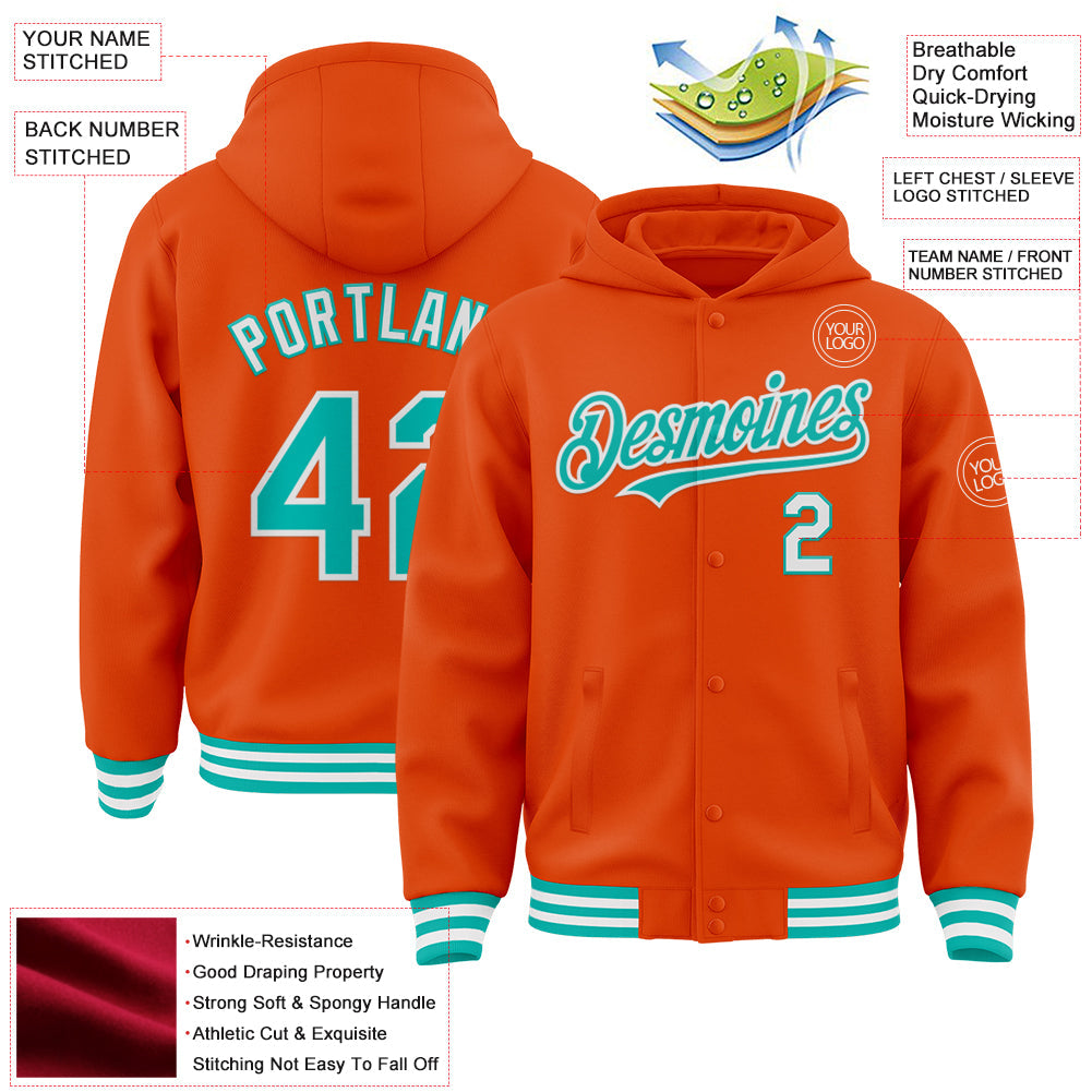 Custom Orange Aqua-White Bomber Full-Snap Varsity Letterman Hoodie Jacket view 3