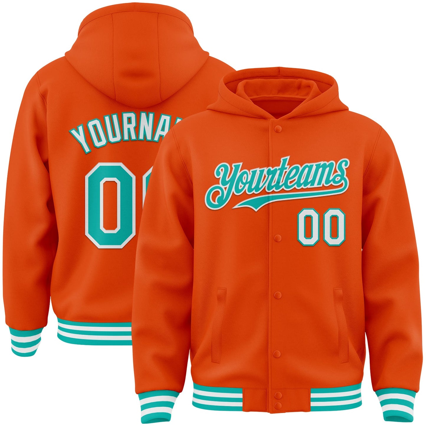 Custom Orange Aqua-White Bomber Full-Snap Varsity Letterman Hoodie Jacket - Main View
