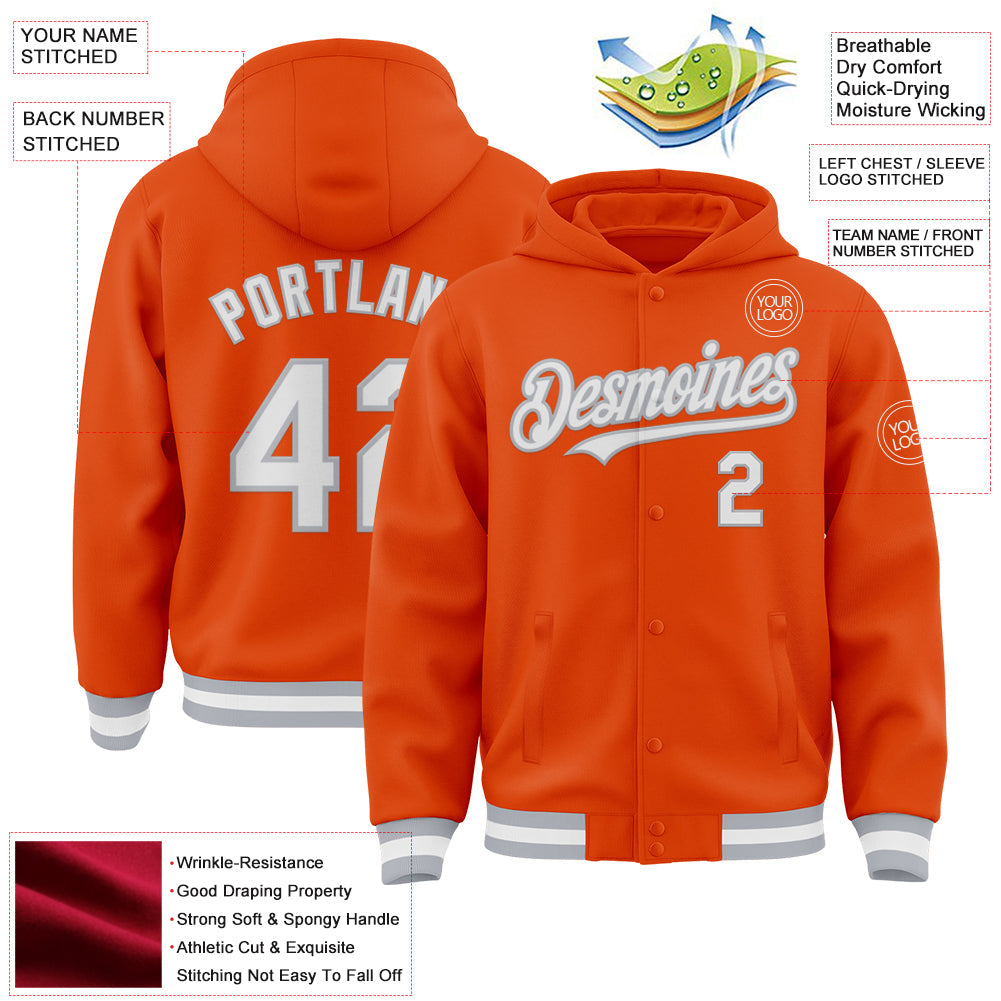 Custom Orange White-Gray Bomber Full-Snap Varsity Letterman Hoodie Jacket view 3
