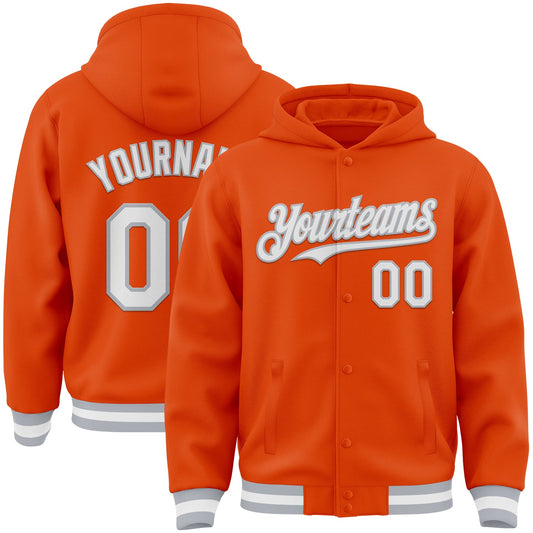 Custom Orange White-Gray Bomber Full-Snap Varsity Letterman Hoodie Jacket - Main View