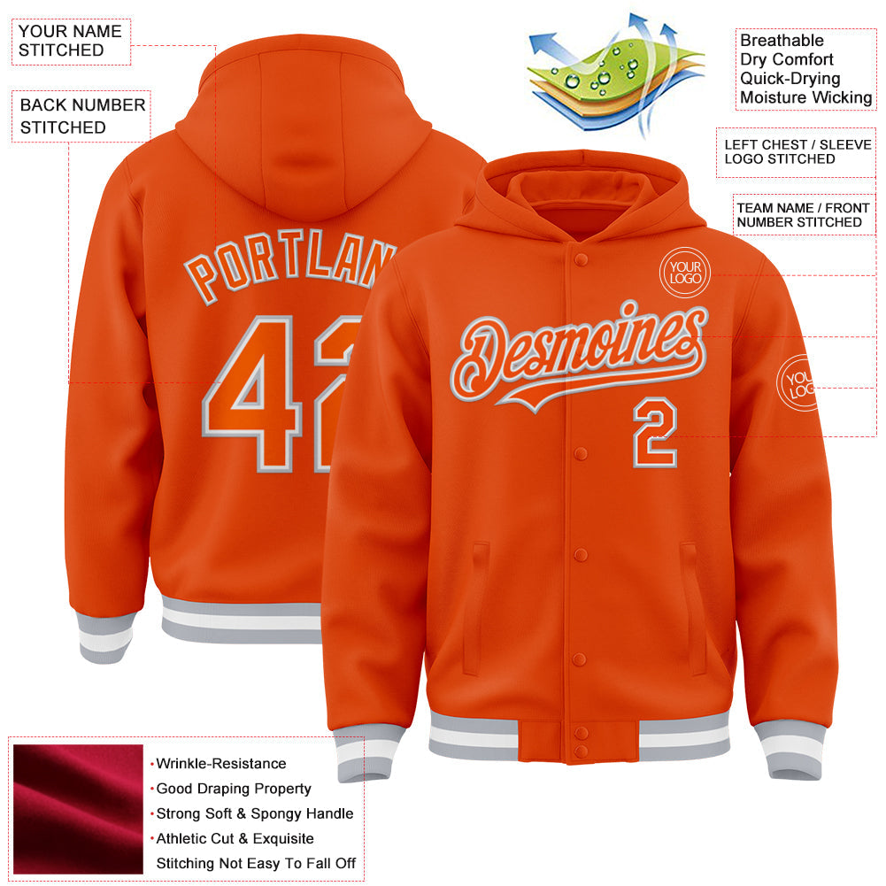 Custom Orange White-Gray Bomber Full-Snap Varsity Letterman Hoodie Jacket view 3