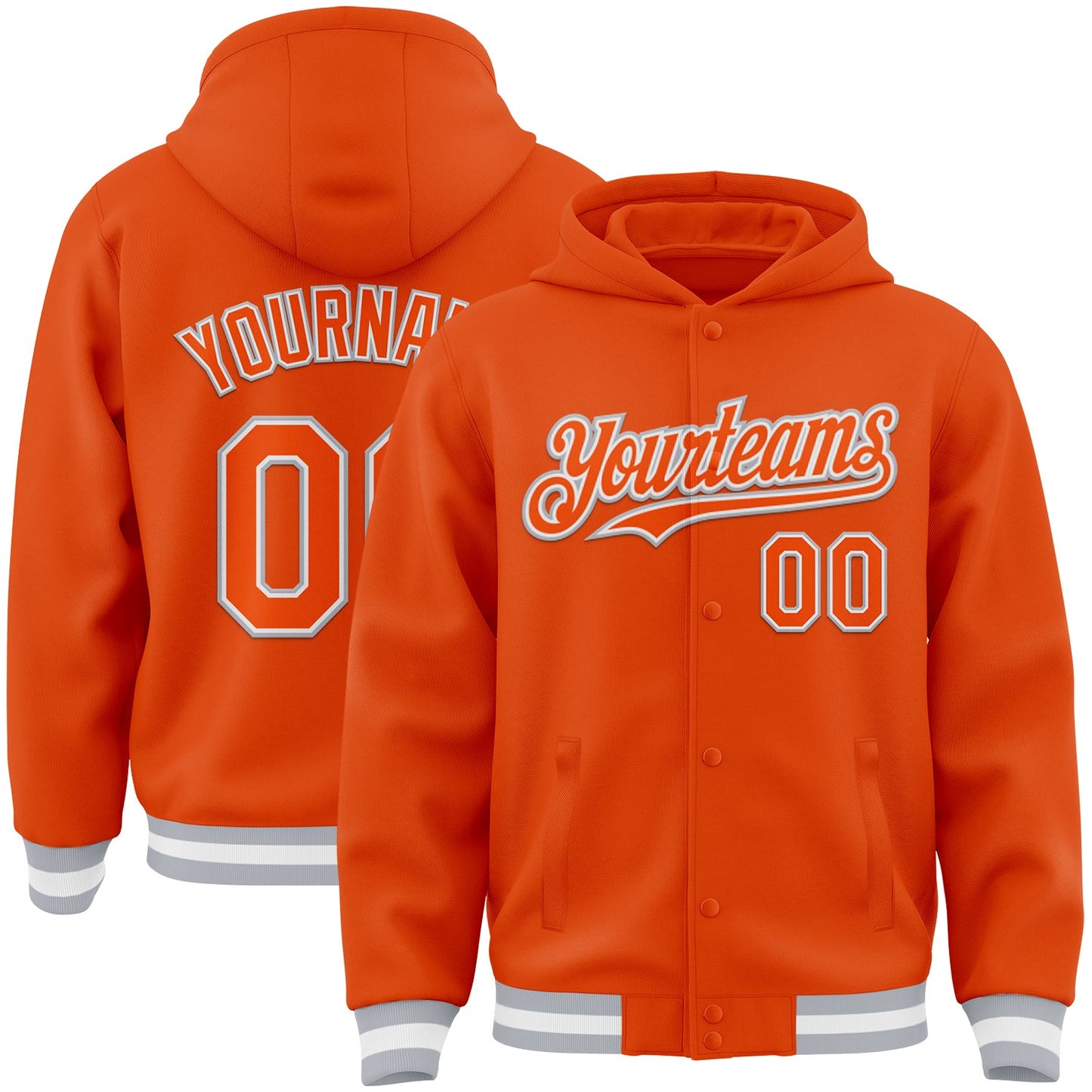 Custom Orange White-Gray Bomber Full-Snap Varsity Letterman Hoodie Jacket - Main View