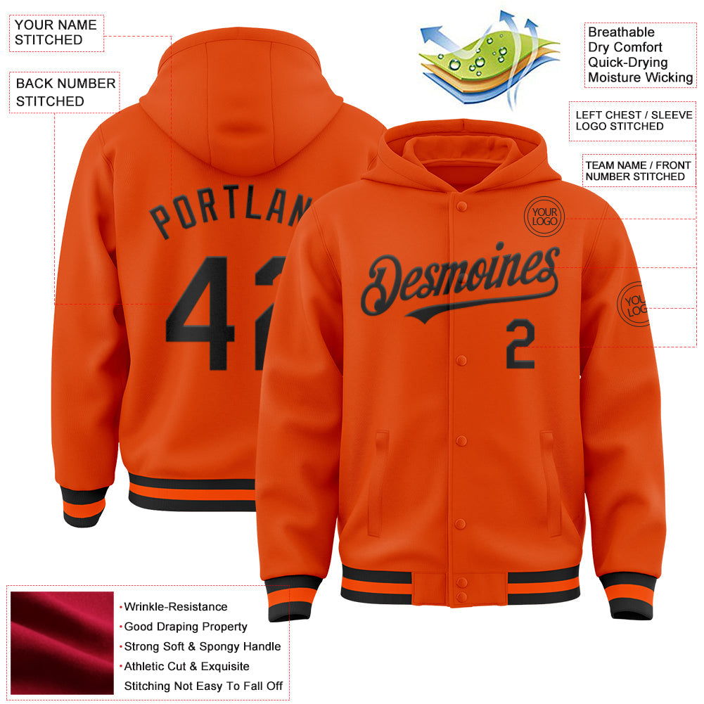 Custom Orange Black Bomber Full-Snap Varsity Letterman Hoodie Jacket view 3