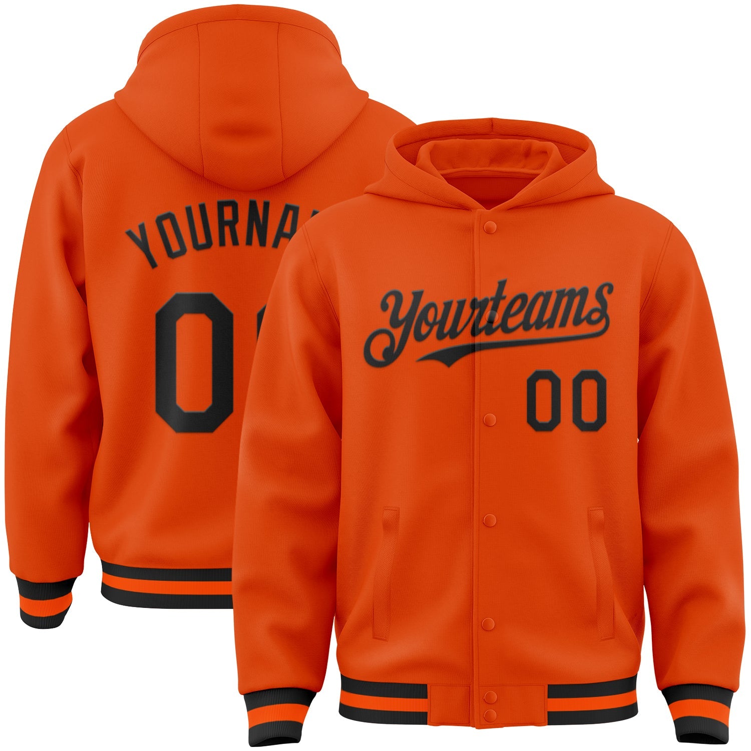Custom Orange Black Bomber Full-Snap Varsity Letterman Hoodie Jacket - Main View