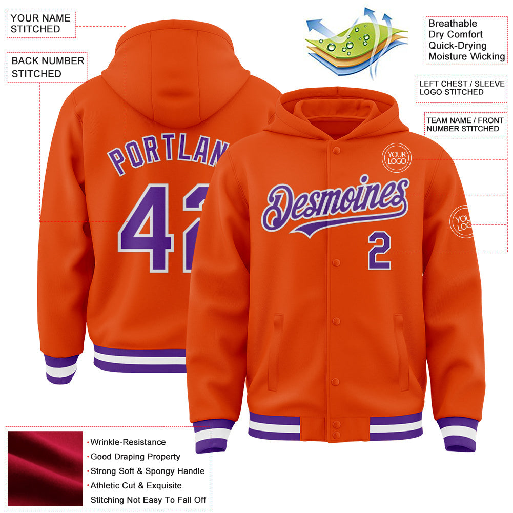 Custom Orange Purple-White Bomber Full-Snap Varsity Letterman Hoodie Jacket view 3