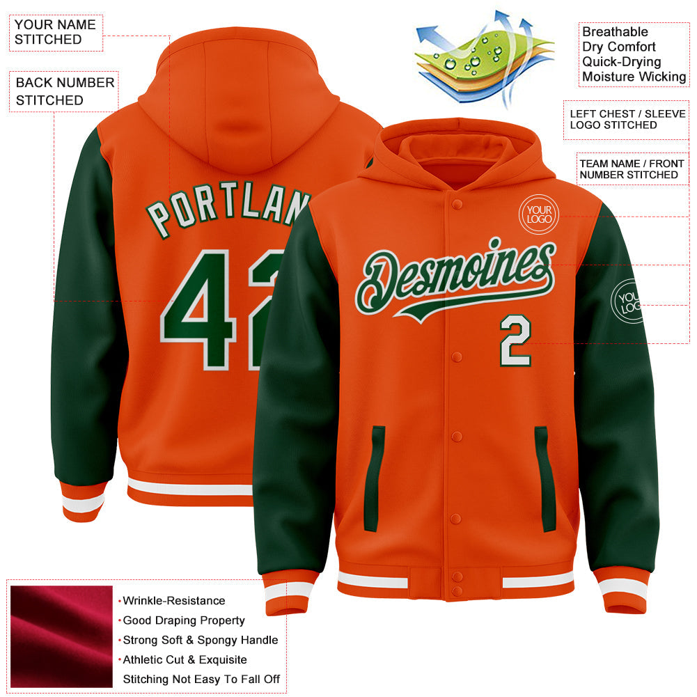 Custom Orange Green-White Bomber Full-Snap Varsity Letterman Two Tone Hoodie Jacket view 3