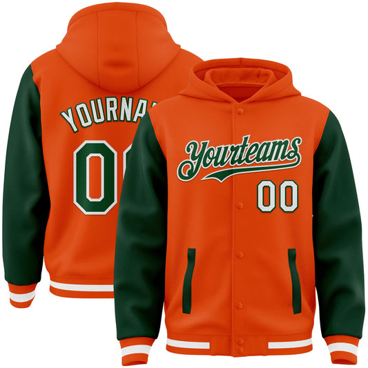Custom Orange Green-White Bomber Full-Snap Varsity Letterman Two Tone Hoodie Jacket - Main View