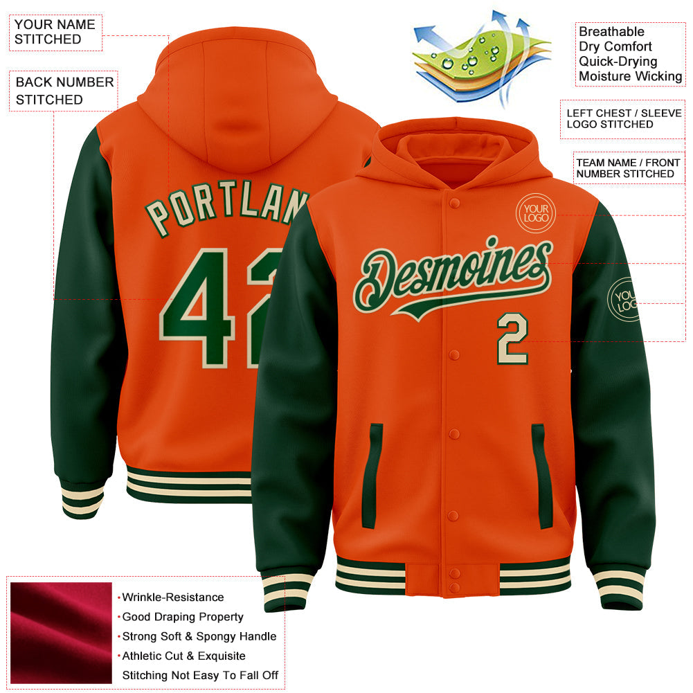 Custom Orange Green-Cream Bomber Full-Snap Varsity Letterman Two Tone Hoodie Jacket view 3