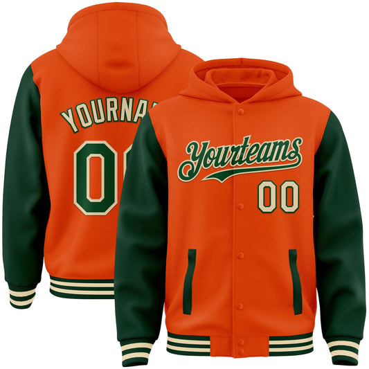 Custom Orange Green-Cream Bomber Full-Snap Varsity Letterman Two Tone Hoodie Jacket - Main View