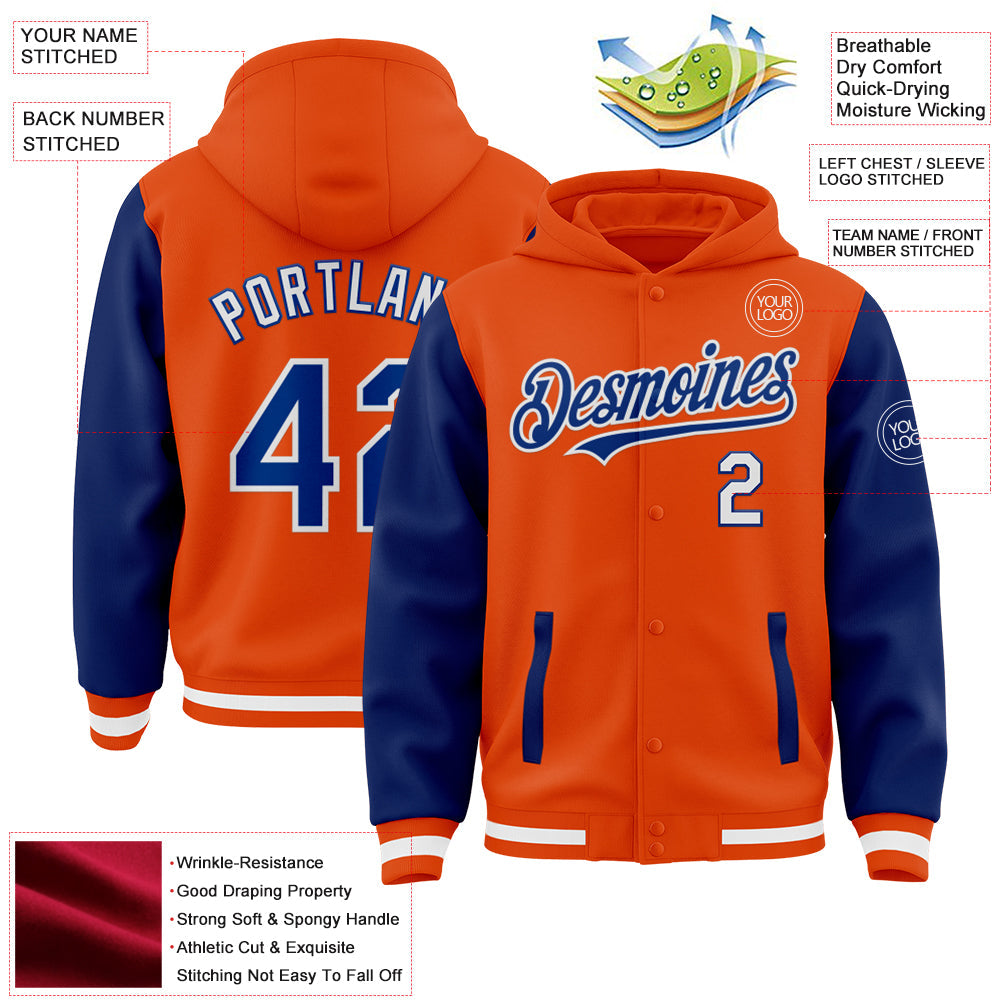 Custom Orange Royal-White Bomber Full-Snap Varsity Letterman Two Tone Hoodie Jacket view 3