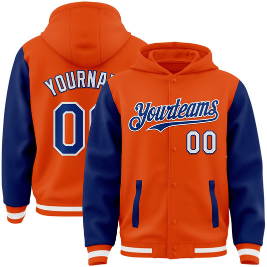Custom Orange Royal-White Bomber Full-Snap Varsity Letterman Two Tone Hoodie Jacket - Main View