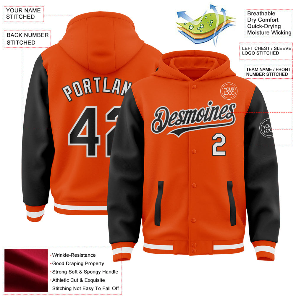 Custom Orange Black-White Bomber Full-Snap Varsity Letterman Two Tone Hoodie Jacket view 3