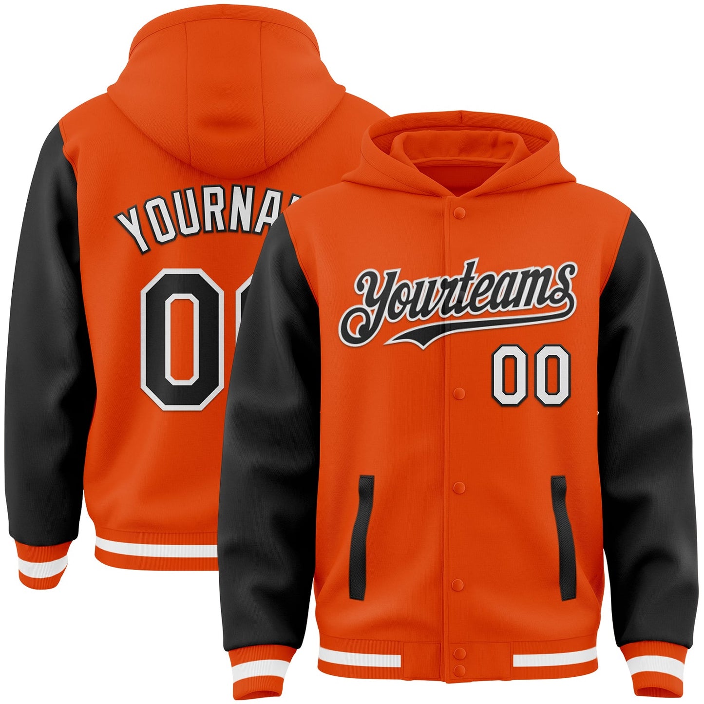 Custom Orange Black-White Bomber Full-Snap Varsity Letterman Two Tone Hoodie Jacket - Main View