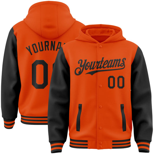 Custom Orange Black Bomber Full-Snap Varsity Letterman Two Tone Hoodie Jacket - Main View