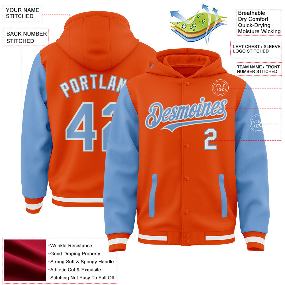 Custom Orange Light Blue-White Bomber Full-Snap Varsity Letterman Two Tone Hoodie Jacket view 3